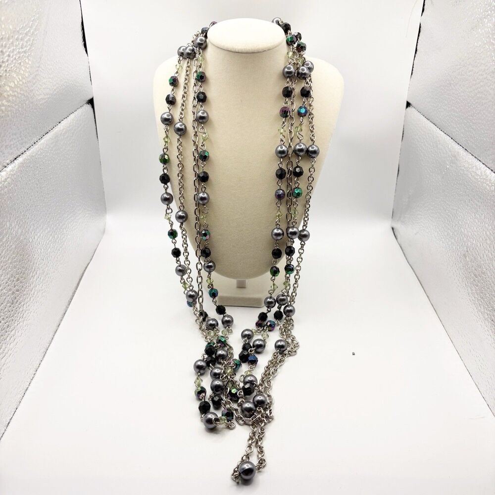 Vtg 90s Gunmetal Multi Layer Chains Black & Gray Silver Beaded Necklace 32”